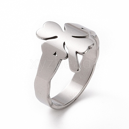 Non-Tarnish 201 Stainless Steel Clover Finger Ring RJEW-J051-07P-1