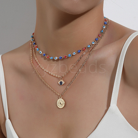 Alloy & Evil Eye Enamel Pendant 3 Layer Necklaces for Women WG1997E-01-1