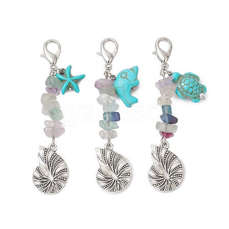 3Pcs Conch Alloy & Natural Fluorite Chips Pendant Decorations HJEW-JM02921-1