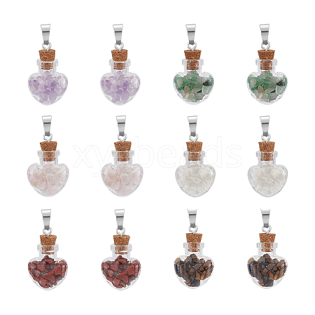 12Pcs 6 Styles Natural Mixed Gemstone Chip Heart Glass Bottle Pendants PALLOY-UN00001-1