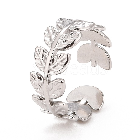 Non-Tarnish 304 Stainless Steel Leaf Wrap Open Cuff Ring for Women RJEW-C025-16P-1