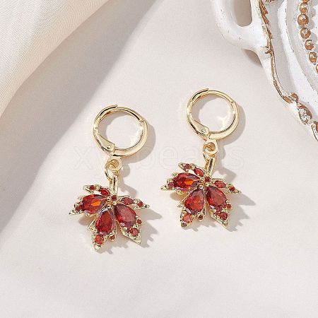 Maple Leaf Brass Micro Pave Cubic Zirconia Leverback Earrings EJEW-JE06916-01-1