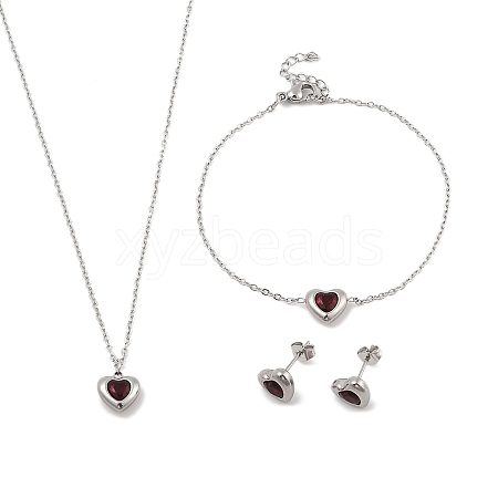 Heart 304 Stainless Steel Micro Pave Cubic Zirconia Pendant Necklaces & Bracelets & Stud Earrings Sets for Women SJEW-C004-13P-02-1