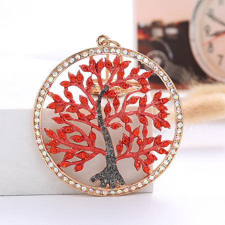 Rhinestone Flat Round with Tree of Life Pendant Keychain KEYC-PW0002-067B-1