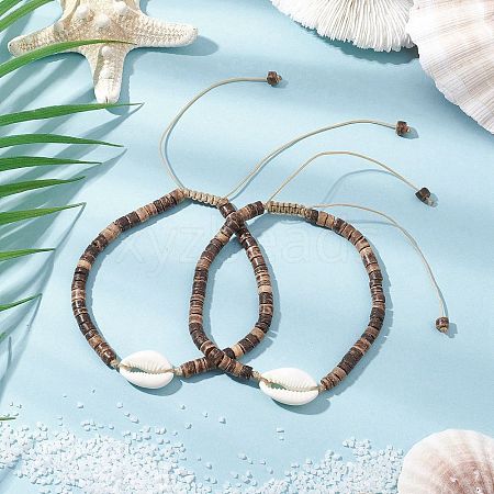 Summer Beach Natural Shell and Coconut Heishi Beaded Adjustable Anklets for Women AJEW-AN00648-1