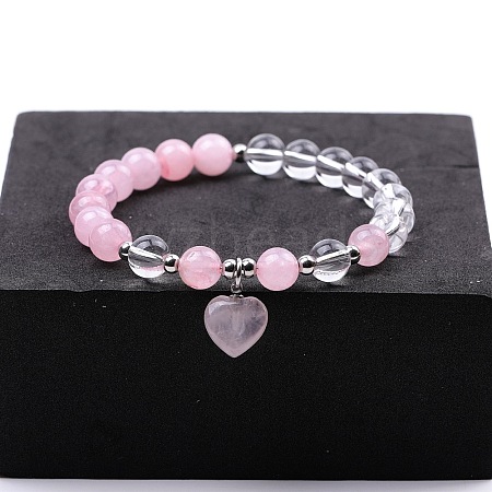 Round Natural Rose Quartz & Quartz Crystal Beaded Stretch Bracelets XW2849-1-1