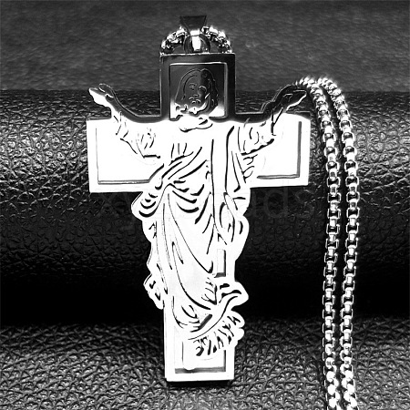 304 Stainless Steel Juses Cross Pendant Necklaces NJEW-S440-10P-1