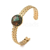 Synthetic Bronzite and Malachite Half Round 304 Stainless Steel Leaf Cuff Bangle for Women BJEW-JB14491-02-3