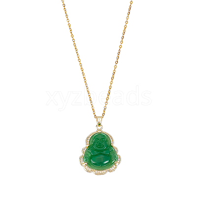 1Pc Crystal Rhinestone & Green Glass Maitreya Pendant Necklaces NJEW-UN0001-61-1