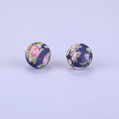 Printed Round with Flower Pattern Silicone Focal Beads SI-JX0056A-161-1