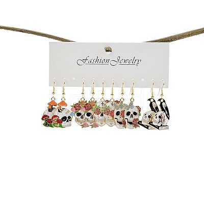 5 Pairs Halloween Skull Alloy Enamel Dangle Earrings FS-WGBF0DA-01-1