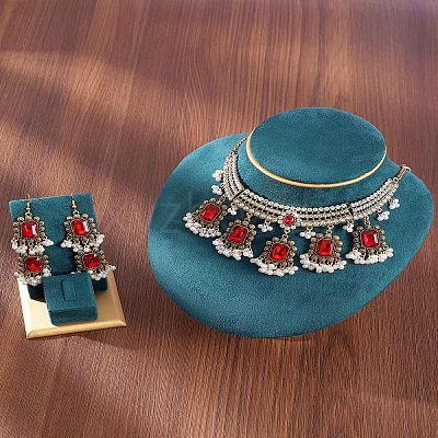 Rectangle Alloy Glass Choker Necklace & Earrings Sets for Women FS-WG507E8-07-1