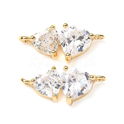 Brass Pave Clear Cubic Zirconia Double Heart Connector Charms KK-P308-74G-1