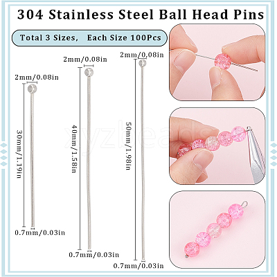 300Pcs 3 Styles 304 Stainless Steel Ball Head Pins STAS-SC0007-75-1