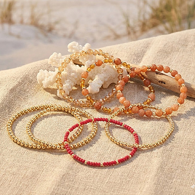 7Pcs 7 Styles Round Glass Seed Beads & Brass & Natural Sunstone & Citrine & Morganite Beads Stretch Bracelets for Women UX1023-1-1