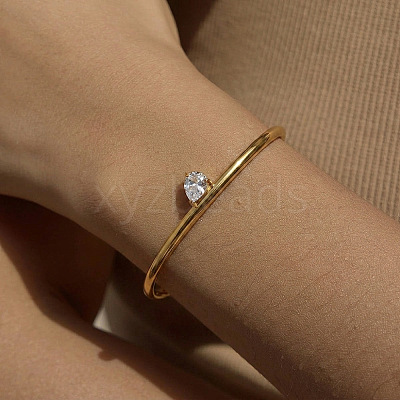 304 Stainless Steel Pave Teardrop Clear Cubic Zirconia Open Cuff Bangles for Women LG0836-1