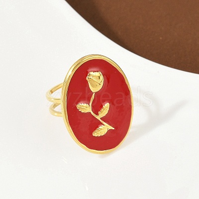Oval with Rose Pattern 304 Stainless Steel Enamel Finger Rings for Women RJEW-G355-10G-02-1