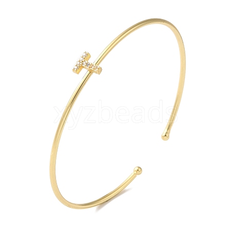 Rack Plating Brass Micro Pave Clear Cubic Zirconia Letter Open Cuff Bangles BJEW-A018-01G-T-1