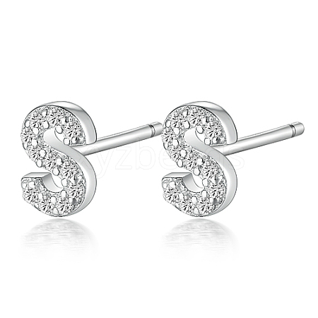 Anti-Tarnish Rhodium Plated 925 Sterling Silver Initial Letter Stud Earrings HI8885-19-1