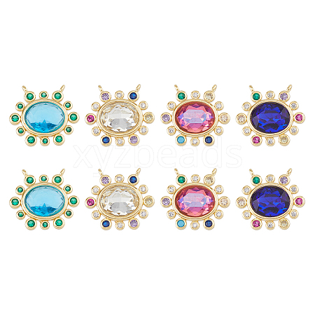 DICOSMETIC 8Pcs 4 Colors Brass Cubic Zirconia 2-Loop Pendants KK-DC0003-51-1