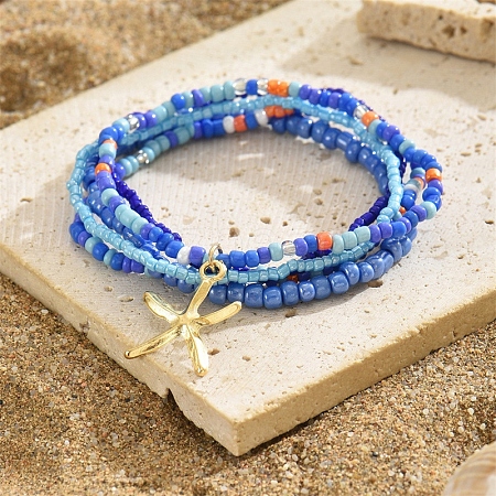 Multilayer Glass Seed Beads Starfish Pendant Anklet for Women PW-WG7288D-04-1