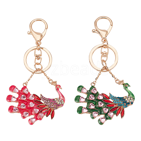 Olycraft 2Pcs 2 Colors Peacock Enamel Style Alloy Rhinestone Keychains KEYC-OC0001-37-1