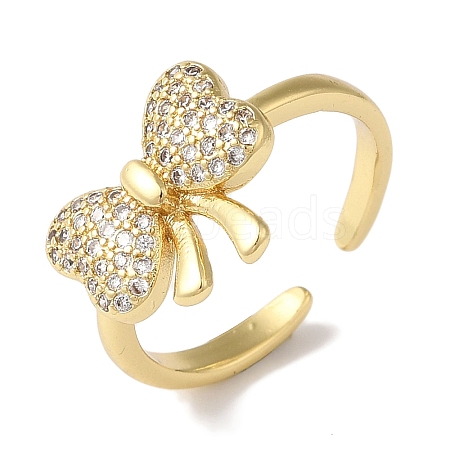 Bowknot Brass Micro Pave Clear Cubic Zirconia Open Cuff Rings for Women RJEW-C098-03G-1
