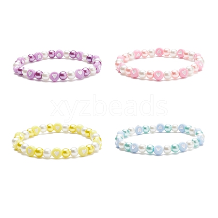 Acrylic Heart & Glass Pearl Beaded Stretch Bracelet for Women BJEW-JB08393-1