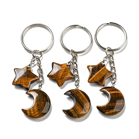 Reiki Natural Tiger Eye Moon & Star Pendant Keychains KEYC-P015-02P-05-1