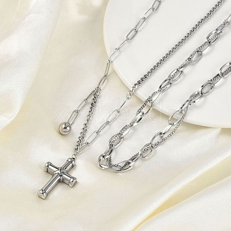 304 Stainless Steel Cross Pendant Chain Necklaces NJEW-M078-05P-1