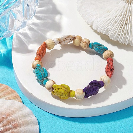 Beach Turtle Dyed Synthetic Turquoise Stretch Bracelets BJEW-JB10296-02-1