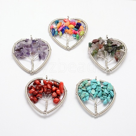 Tree of Life Natural & Synthetic Mixed Stone Bead Brass Wire Wrapped Heart Big Pendants KK-L136-04-NR-1