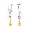 Oval with Flower Enamel Long Dangle Stud Earrings EJEW-N049-05A-3