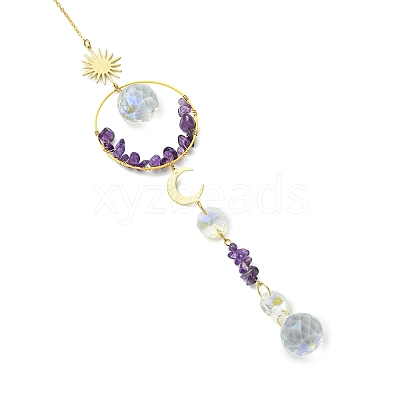 Glass Beads &  Natural Amethyst Chip Beads & Brass Hanging Suncatchers HJEW-JM04994-01-1