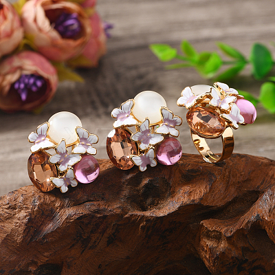 Elegant Vintage Flower Alloy Enamel Stud Earrings & Rings Sets XH9844-1
