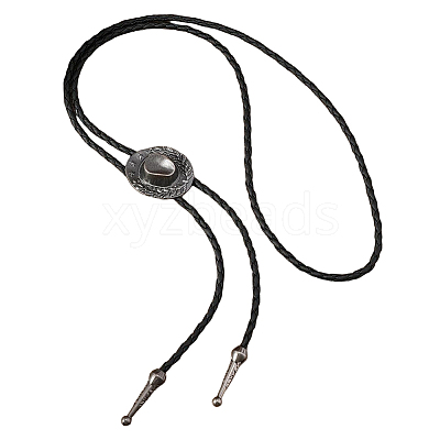 1Pc West Cowboy Hat Tibetan Style Alloy Pendant Black PU Leather Cord Bolo Tie Lariat Necklaces NJEW-GF0001-24A-1