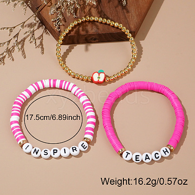 Teachers' Day Plastic Letter Inspire Teach Polymer Clay Heishi Beaded Stretch Bracelet Sets IE3330-1-1