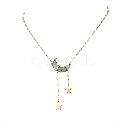 4Pcs 4 Styles Natural Aquamarine & Rose Quartz & Topaz Jade & Amethyst Chip Beads Moon Pendant Brass Cable Chain Necklaces for Women NJEW-TA00257-1