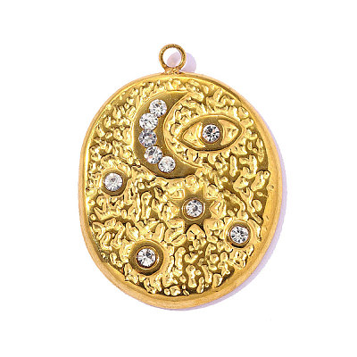 Hammered 304 Stainless Steel Rhinestone Pendants STAS-OY016-21G-1