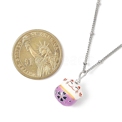Porcelain Lucky Cat Pendant 304 Stainless Steel Twist Chain Necklaces for Women Men NJEW-JN05552-1