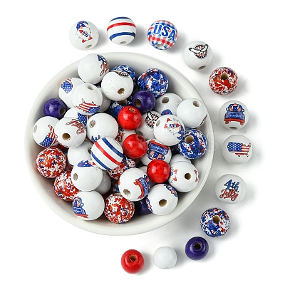 75Pcs 12 Styles Independence Day Theme Wood European Beads WOOD-FS0001-22-1