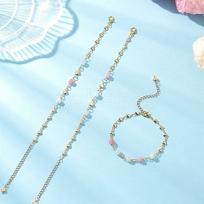 3Pcs Natural Morganite & Brass Beads Link Chain Bracelets for Women BJEW-JB12595-1