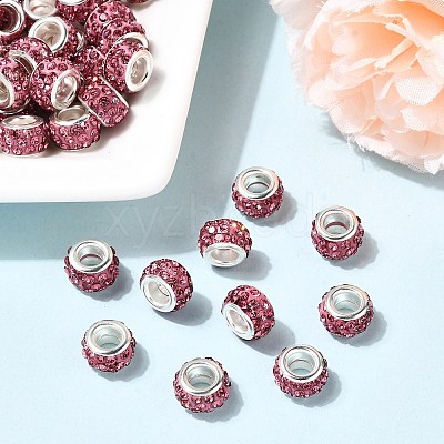 Polymer Clay Rhinestone European Large Hole Beads with Silver Color Plated Brass Cores FPDL-R002-10-1