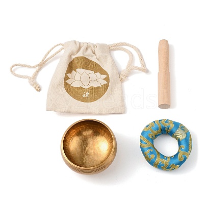 Tibetan Brass Singing Bowl & Wood Striker & Random Color Cloth Mat Set RELI-PW0004-01D-1
