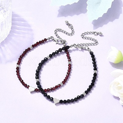 2Pcs Natural Garnet & Synthetic Blue Goldstone Round Beaded Bracelets for Men Women BJEW-JB12336-1