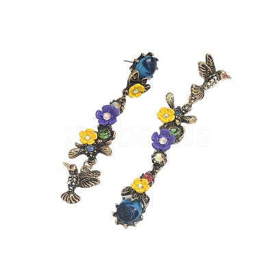 Alloy & Resin & Rhinestone Bird with Flower Stud Dangle Earrings for Women WG2278B-01-1