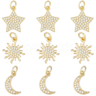 9Pcs 3 Styles Brass Micro Pave Cubic Zirconia Pendants ZIRC-BBC0003-75-1