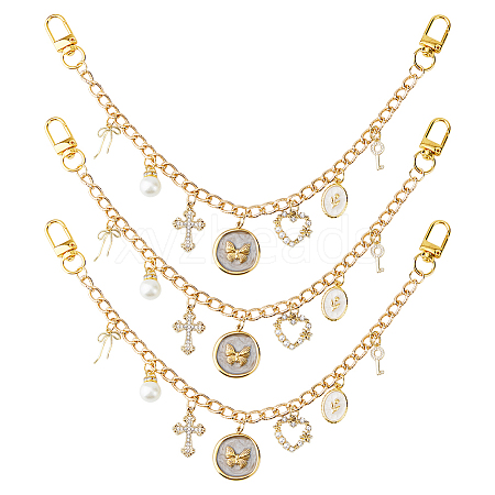 3Pcs Alloy Key Bowknot & Brass Micro Pave Cubic Zirconia Heart Pendant 304 Stainless Steel Bag Decorative Chains HJEW-HS00106-1