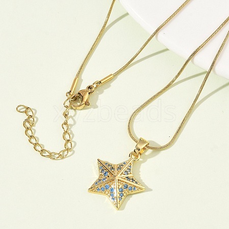 304 Stainless Steel Micro Pave Sky Blue Cubic Zirconia Pendant Necklaces for Women NJEW-Z103-01G-02-1