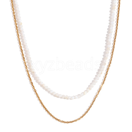 18K Gold Plated Stainless Steel & Natural White Jade Beaded Double Layer Necklaces for Women QW1726-3-1